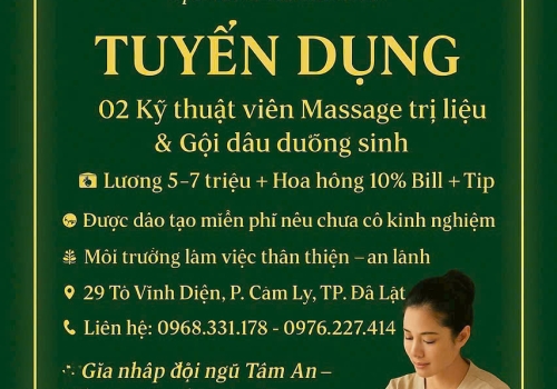 Tuyển 02 Kỹ Thuật Viên Massage Trị Liệu & Gội Đầu Dưỡng Sinh | Spa Diện Chẩn Tâm An Đà Lạt